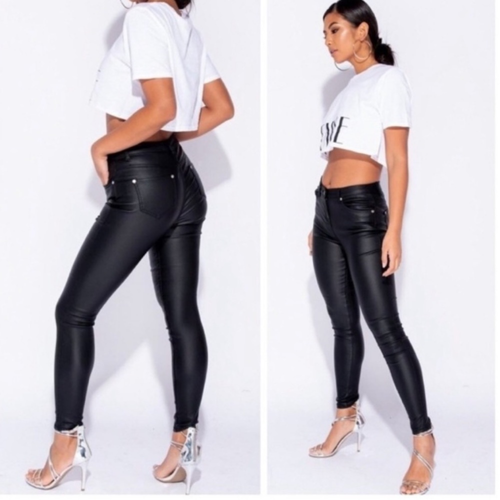 Parisian Pieces Glossy Coated Skinny Jeans in Black Size 10